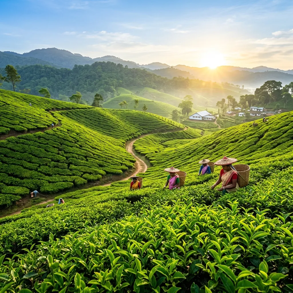 Assam tea gardens at sunrise